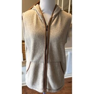 Lauren Ralph Lauren Tan Sherpa Fleece Hooded Vest Faux Leather Trim Medium